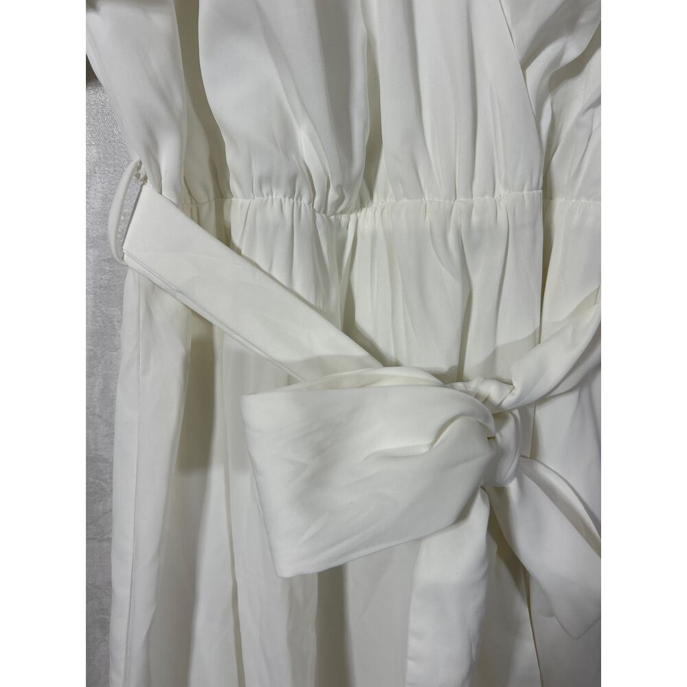 Entro Midi Dress Large White Puff Sleeve Belted Pleated - Picture 2 of 13